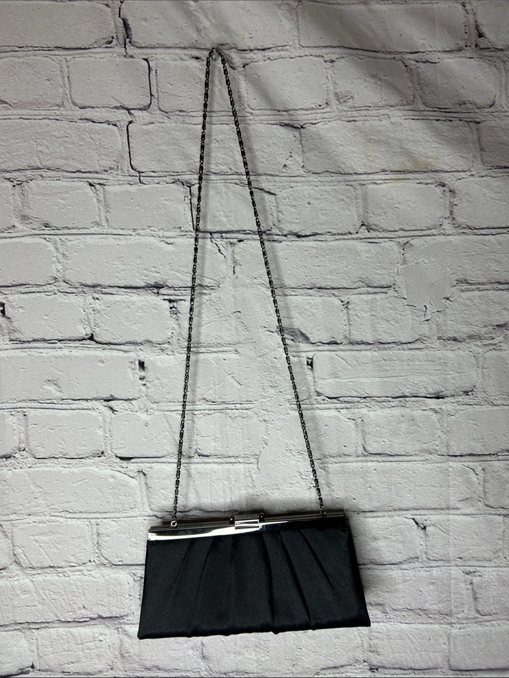Jessica McClintock black satin evening clutch bag silver chain strap/formal